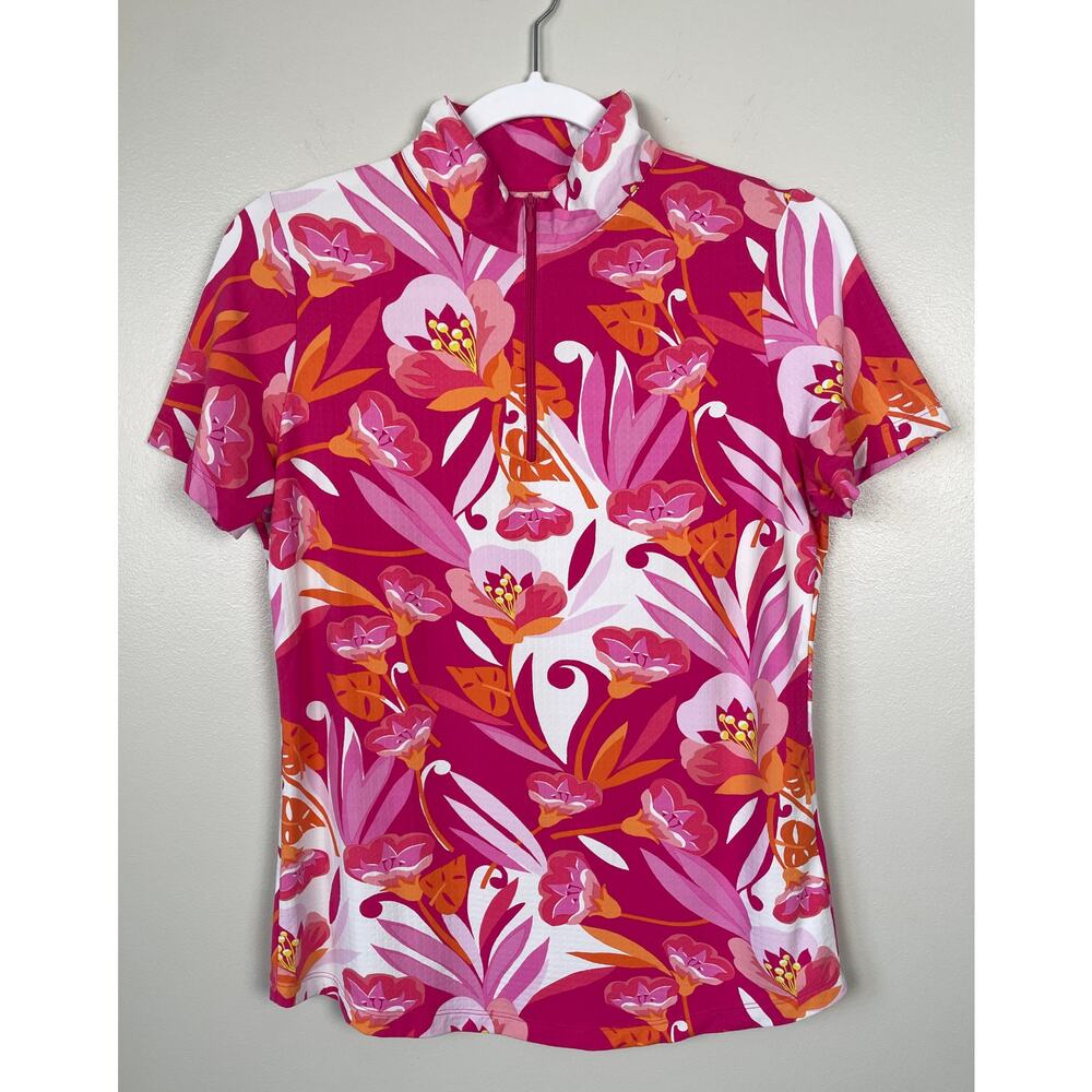 IBKUL Caroline Short Sleeve Mock Shirt Pink Floral Small 1/4 Zip UPF 50+ Outdoor